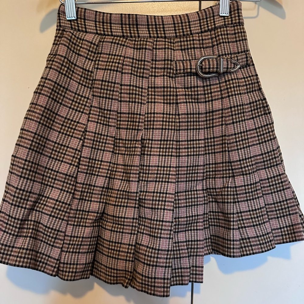 Maje Plaid A-Line Skirt with Buckle